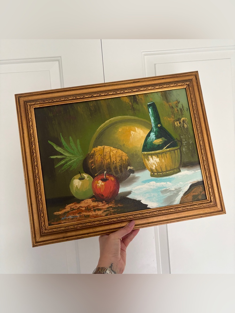Vintage Framed and Signed Original Still Life Painting of Fruit and Wine